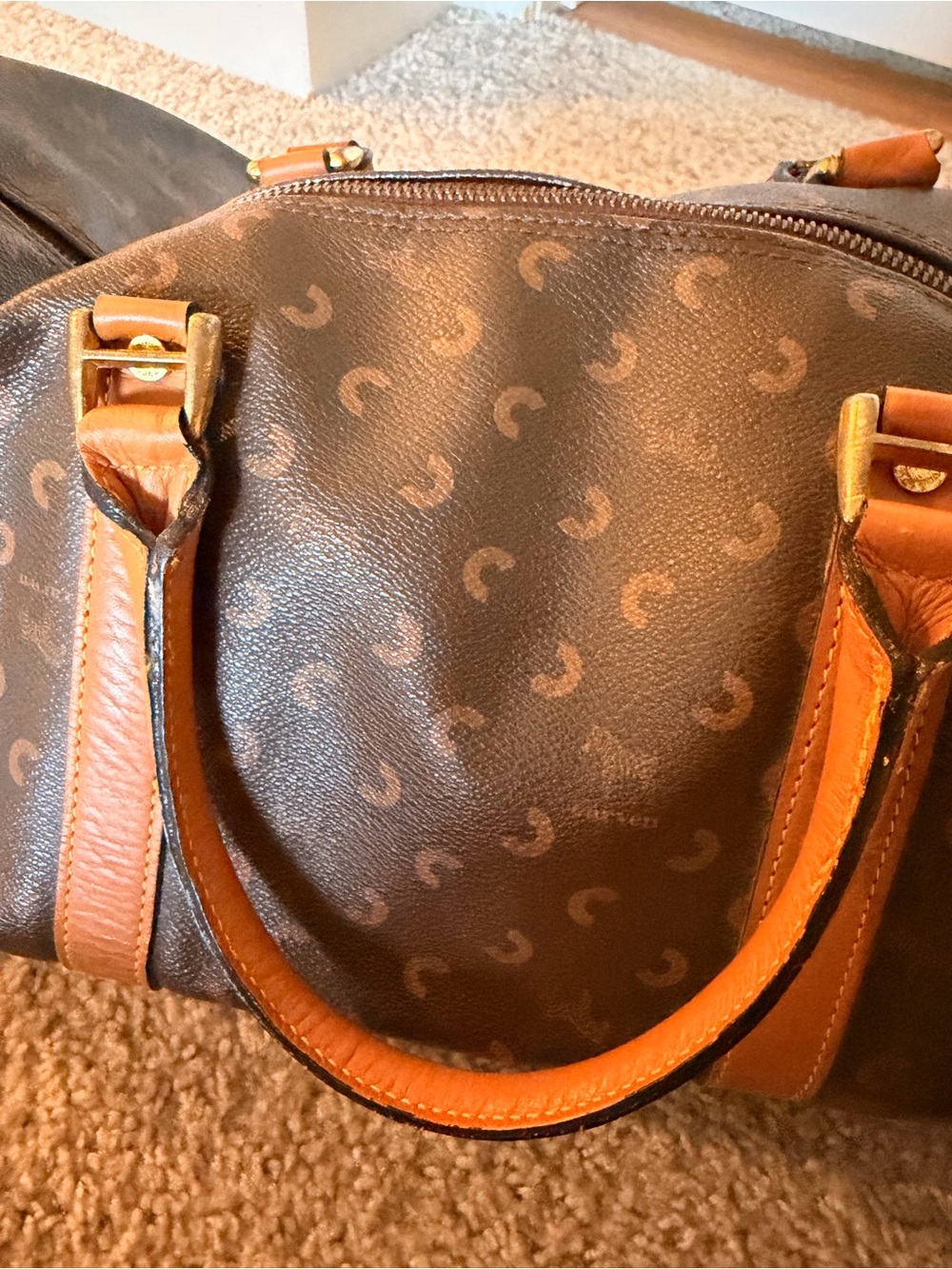 Carven Paris travel Duffel Bag in Brown and Tan - Designer Logo Pattern - Picture 9 of 15